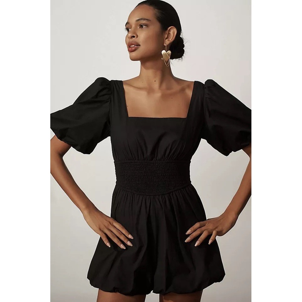 Anthropologie Maeve Puff Sleeve Smocked Romper XS Black Square-Neck Bubble Hem